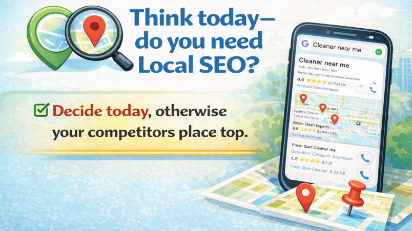 Infographic asking “Do you need Local SEO?” with Google Maps cleaning service search example and message about deciding today before competitors rank higher.