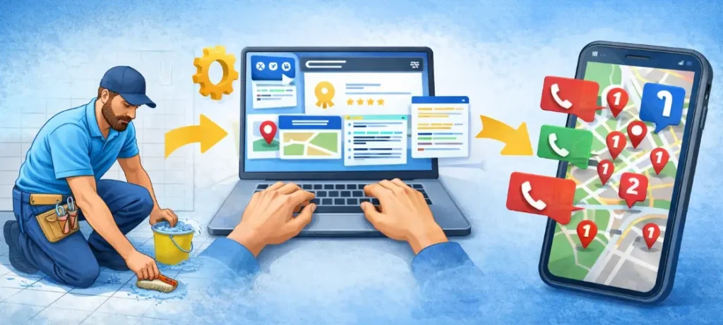 Visual diagram showing local SEO flow for a home service business: service work → optimize Google Business Profile and website → show up on Google Maps and get more calls.